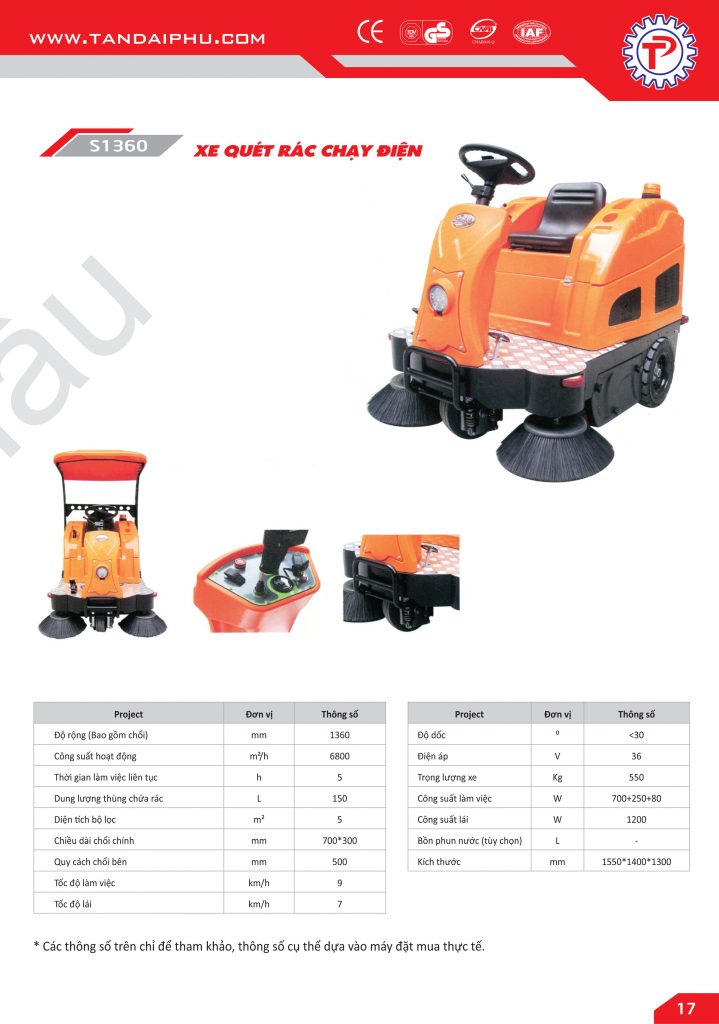 Thông số kỹ thuật xe quét rác chạy điện S13